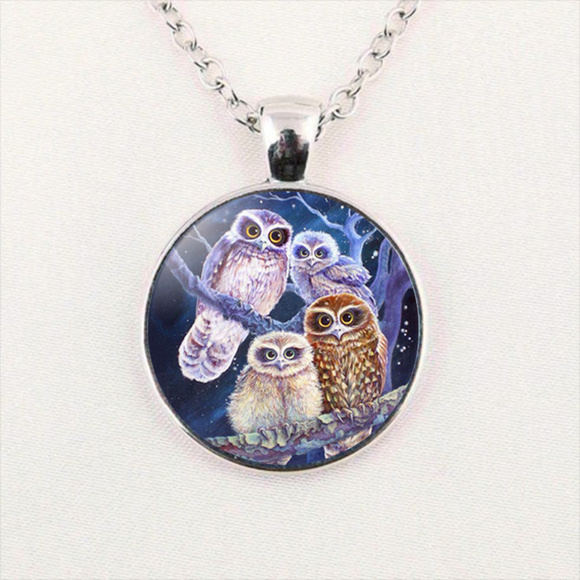 Owl Cabochon Pendant Chain Necklace Men - Picture 3 of 5